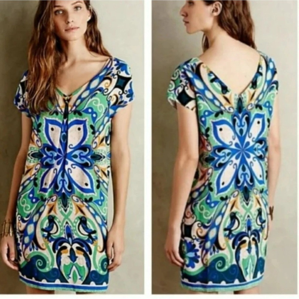 Anthropologie Maeve Folksong V-Neck Shift Dress Floral Birds‎ Boho Retro XSP B17